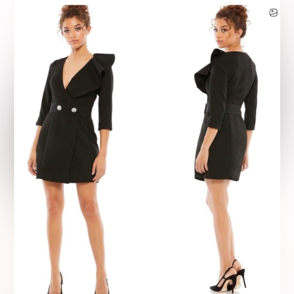 IEENA for Mac Duggal plunging V neckline with ruffle jewel buttons LBD dress
